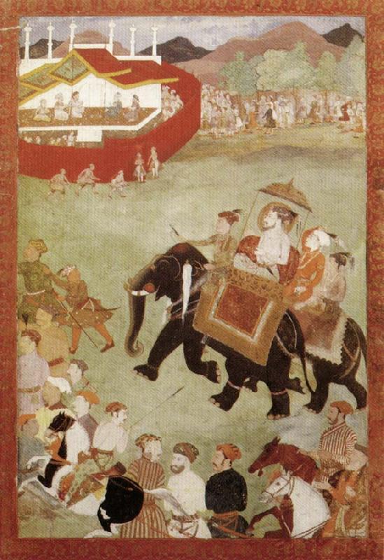 unknow artist Shah Jahan Riding on an Elephant Accompanied by His Son Dara Shukoh Mughal oil painting image